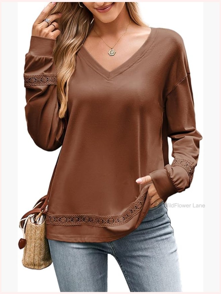 Long Sleeve V Neck Lace Embroidered Blouse Dressy Casual Top